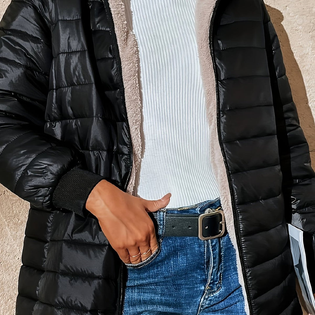 Fleece Gevoerde Puffer Jas Dames Halflang Ritssluiting - Zwart
