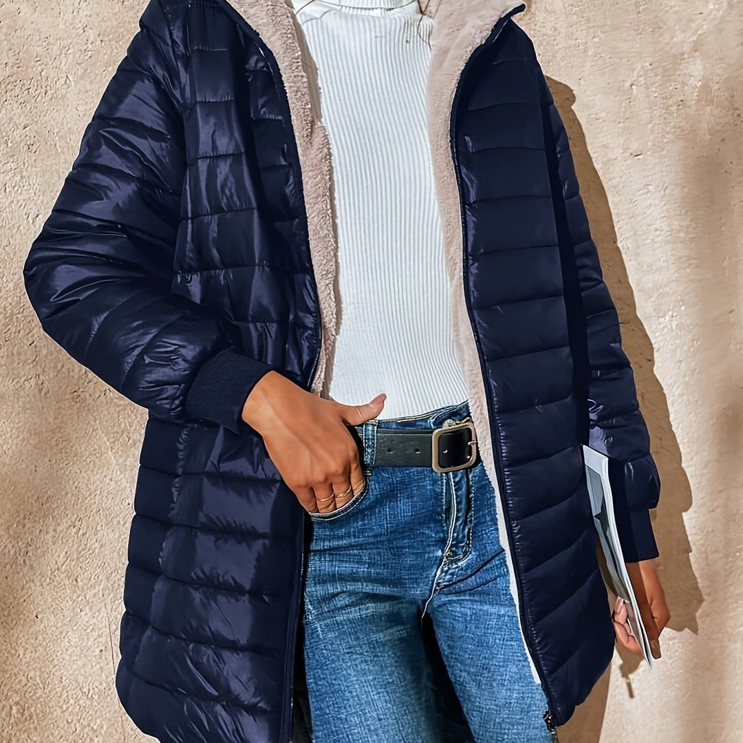 Fleece Gevoerde Puffer Jas Dames Halflang Ritssluiting - Marineblauw