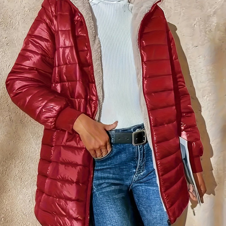 Fleece Gevoerde Puffer Jas Dames Halflang Ritssluiting - Bordeaux