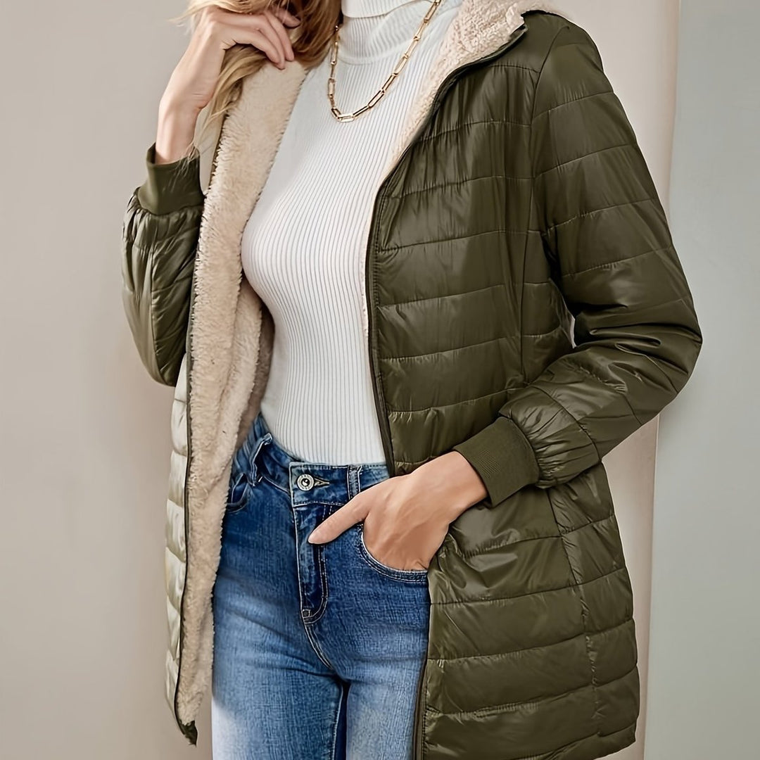 Fleece Gevoerde Puffer Jas Dames Halflang Ritssluiting - Olijfgroen