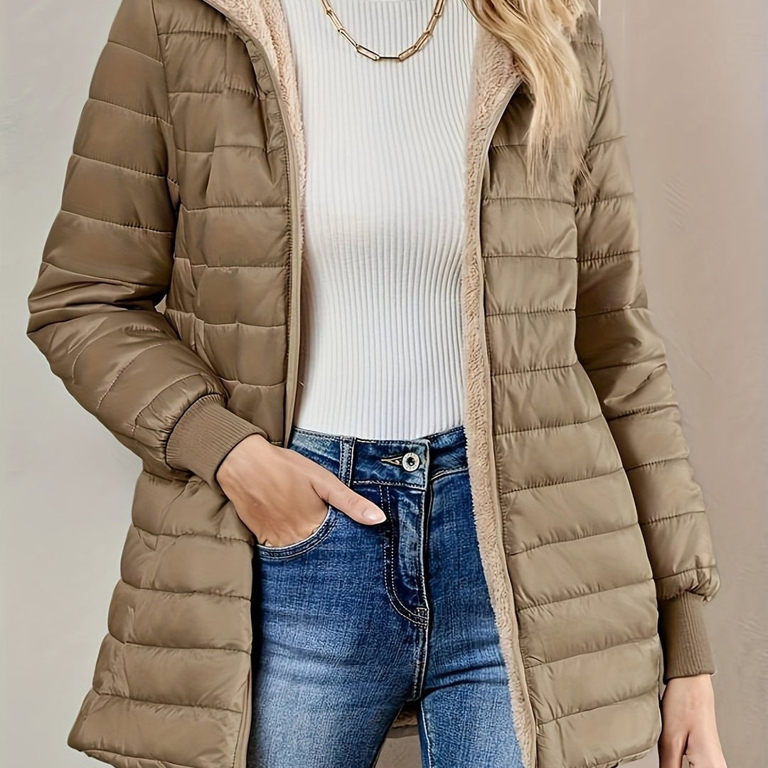 Fleece Gevoerde Puffer Jas Dames Halflang Ritssluiting - Khaki