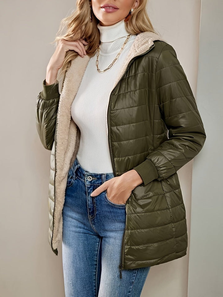 Fleece Gevoerde Puffer Jas Dames Halflang Ritssluiting