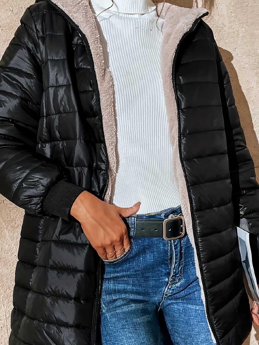 Fleece Gevoerde Puffer Jas Dames Halflang Ritssluiting