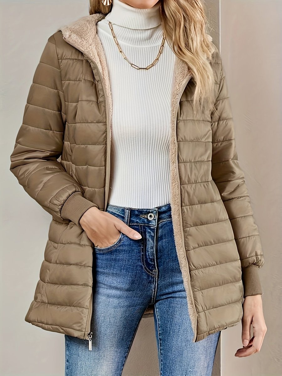 Fleece Gevoerde Puffer Jas Dames Halflang Ritssluiting