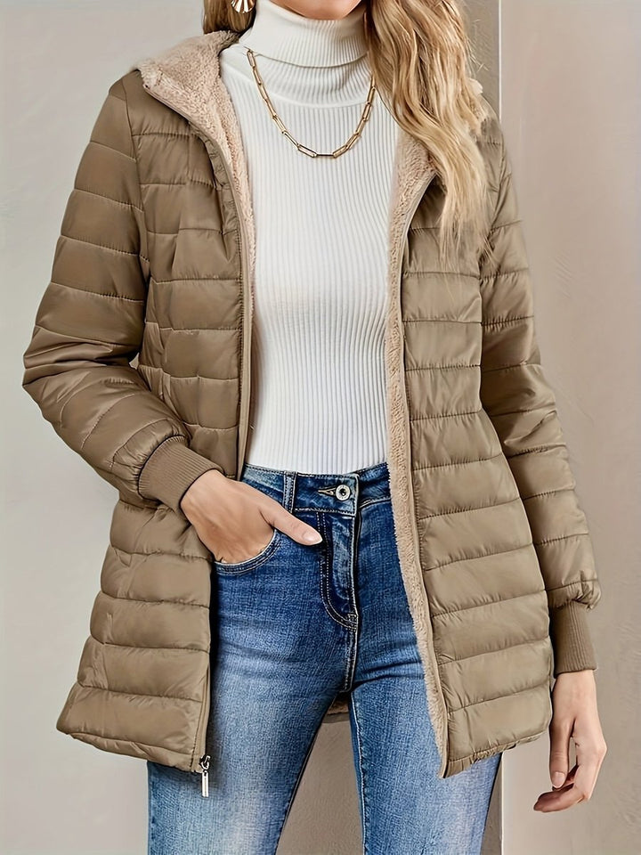 Fleece Gevoerde Puffer Jas Dames Halflang Ritssluiting