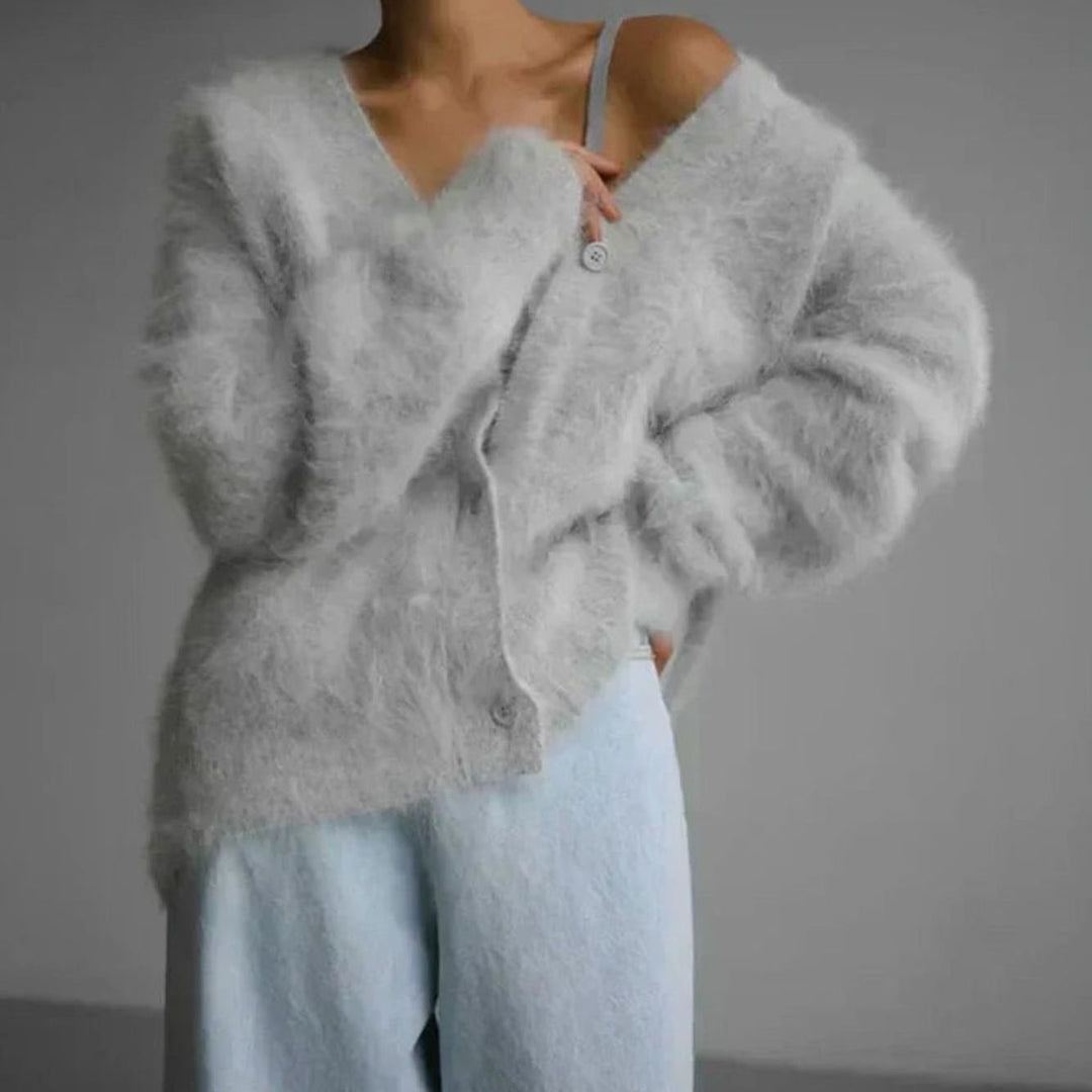 Fluffy V-hals Cardigan Dames Losse Knopen Vest - Lichtgrijs