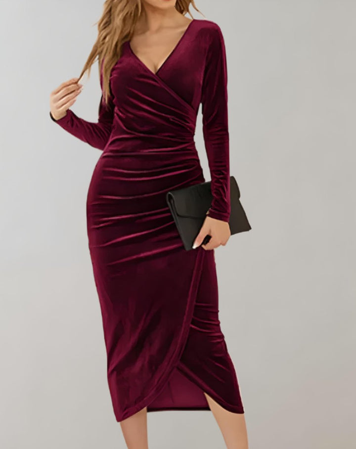 Fluwelen Wikkel Jurk Dames Lange Mouwen V-hals Midi - Rood