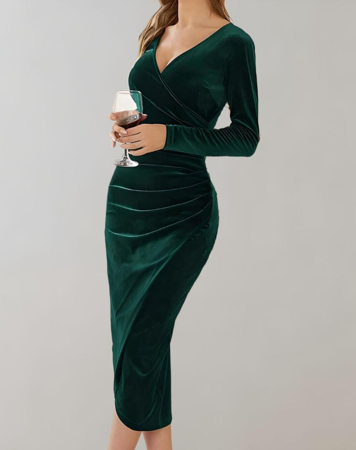 Fluwelen Wikkel Jurk Dames Lange Mouwen V-hals Midi - Groen