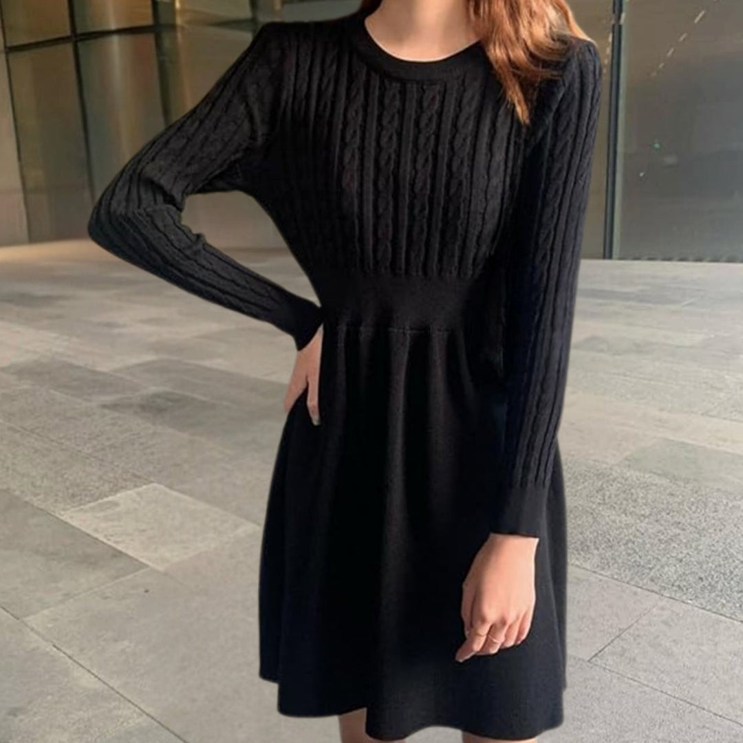 Gebreide najaarsjurk dames cable-knit A-lijn - Zwart