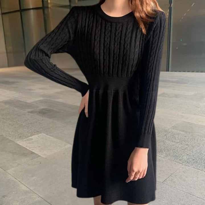 Gebreide najaarsjurk dames cable-knit A-lijn - Zwart