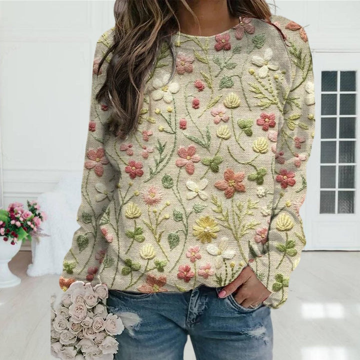 Gebreide trui dames bloemenprint ronde hals lange mouwen - Bloemen