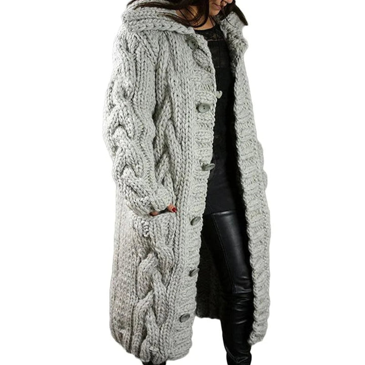Gebreide Trui Dames Dikke Kabelgebreide Longline Vest met Capuchon - Lichtgrijs