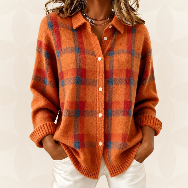 Gebreide Trui Dames Geruite Knoop Overhemd Cardigan Relaxed Fit - Oranje