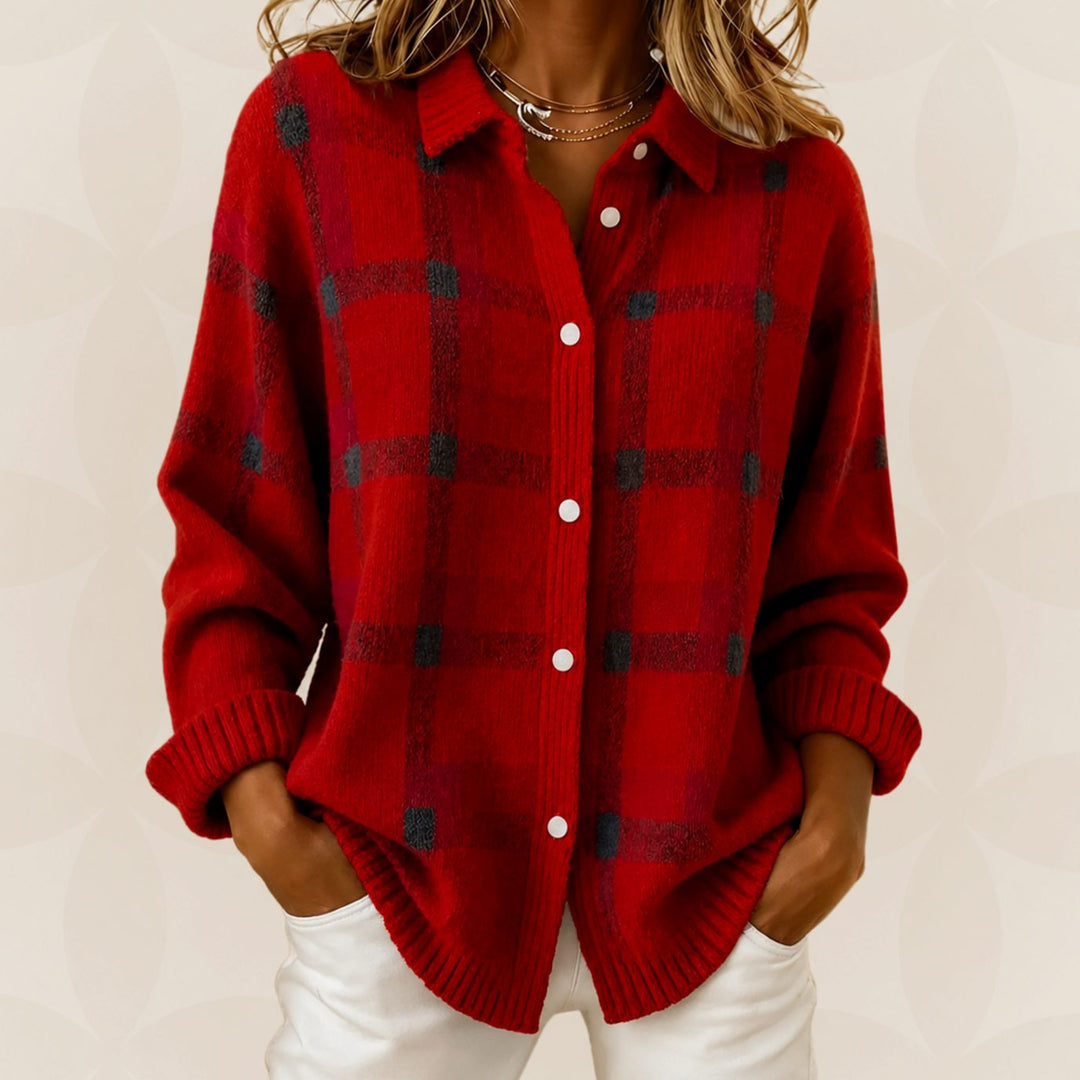 Gebreide Trui Dames Geruite Knoop Overhemd Cardigan Relaxed Fit - Rood
