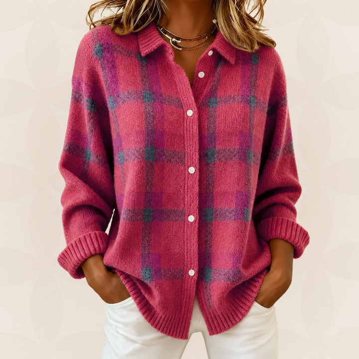 Gebreide Trui Dames Geruite Knoop Overhemd Cardigan Relaxed Fit - Roze