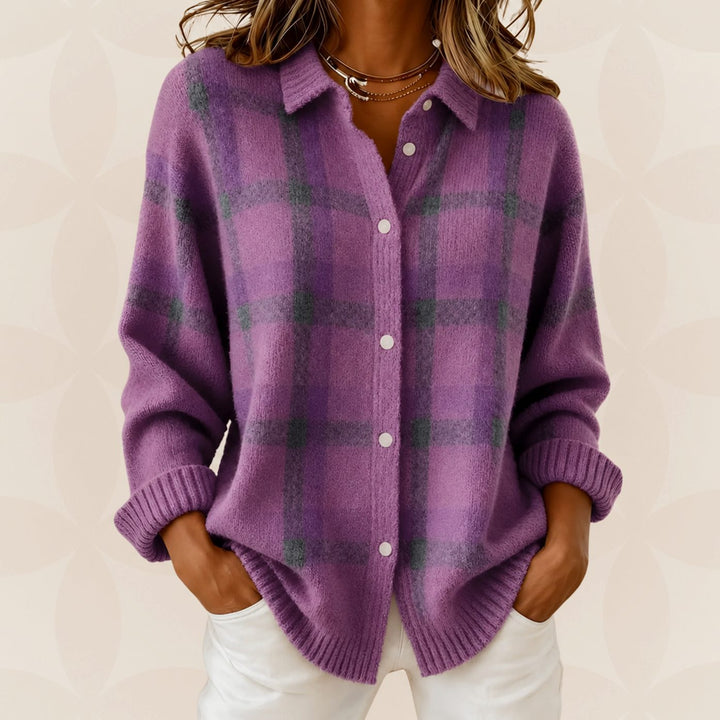 Gebreide Trui Dames Geruite Knoop Overhemd Cardigan Relaxed Fit - Paars