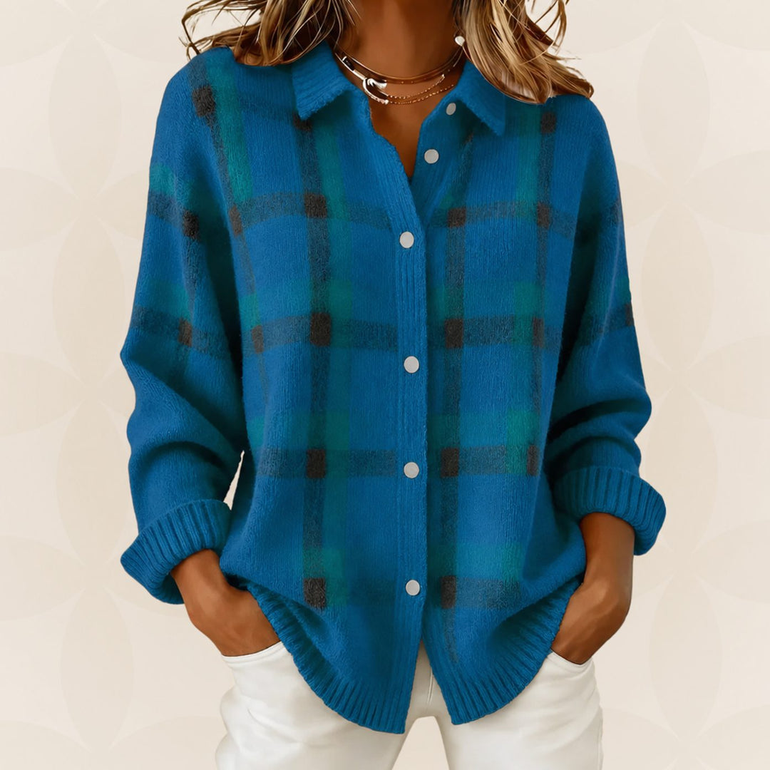 Gebreide Trui Dames Geruite Knoop Overhemd Cardigan Relaxed Fit - Blauw