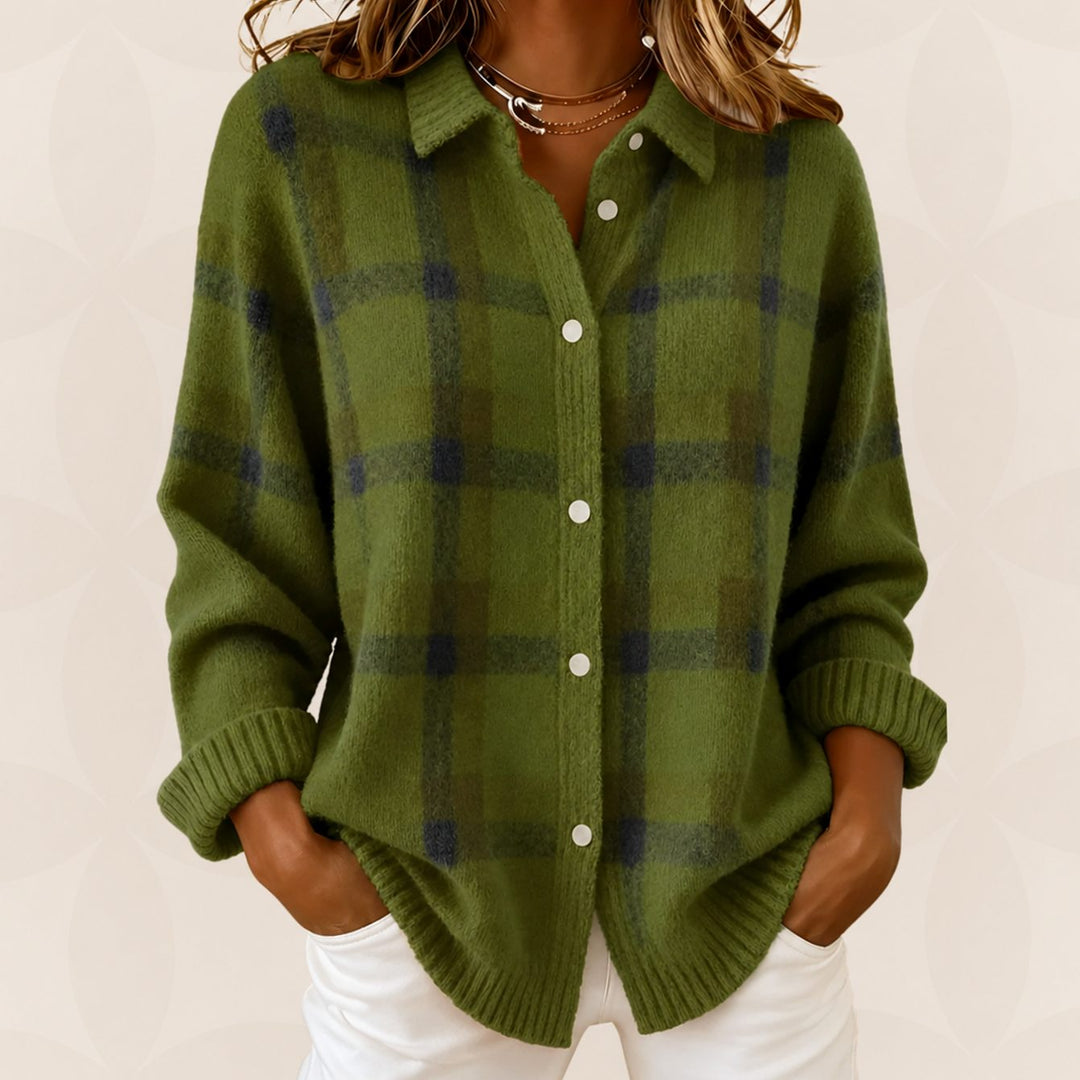 Gebreide Trui Dames Geruite Knoop Overhemd Cardigan Relaxed Fit - Groen