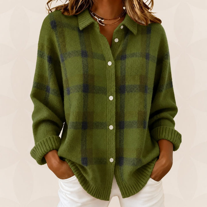 Gebreide Trui Dames Geruite Knoop Overhemd Cardigan Relaxed Fit - Groen