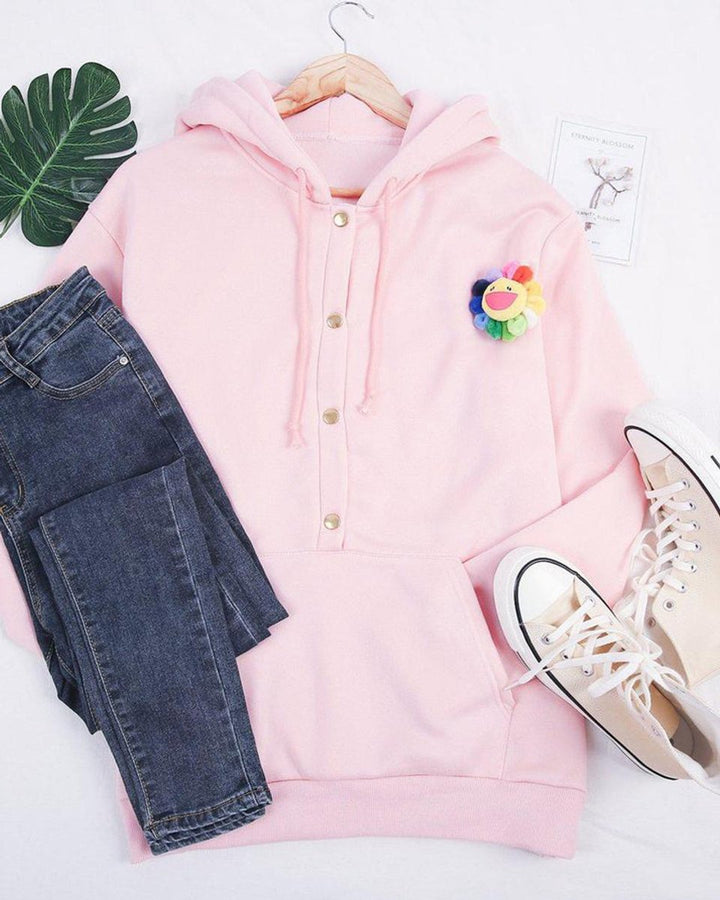 Gebreide trui dames relaxte hoodie met drukknoppen trekkoorden