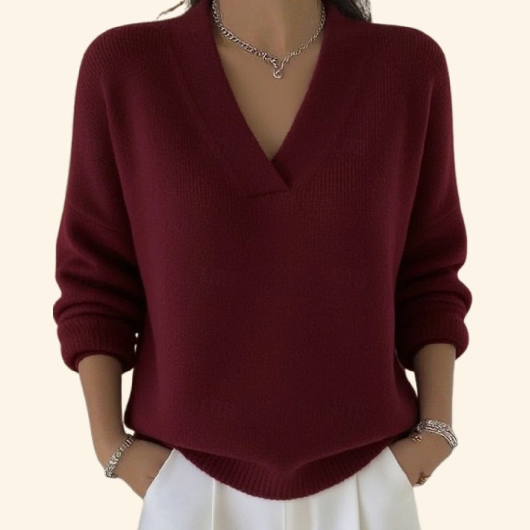 Gebreide Trui Dames V-Hals Losse Pasvorm Tijdloze Pullover - Rood