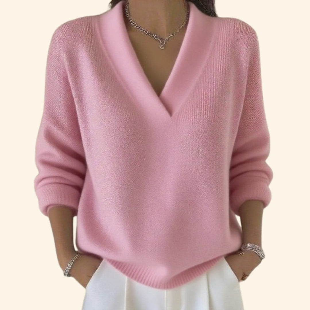 Gebreide Trui Dames V-Hals Losse Pasvorm Tijdloze Pullover - Roze