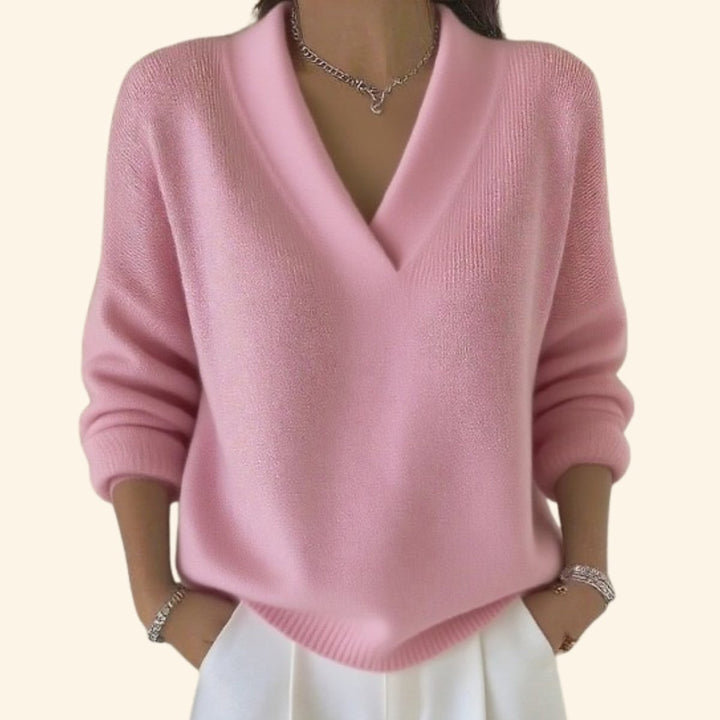 Gebreide Trui Dames V-Hals Losse Pasvorm Tijdloze Pullover - Roze