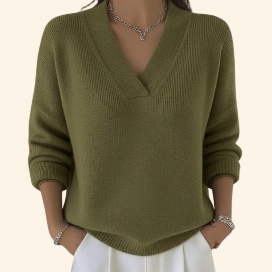 Gebreide Trui Dames V-Hals Losse Pasvorm Tijdloze Pullover - Groen