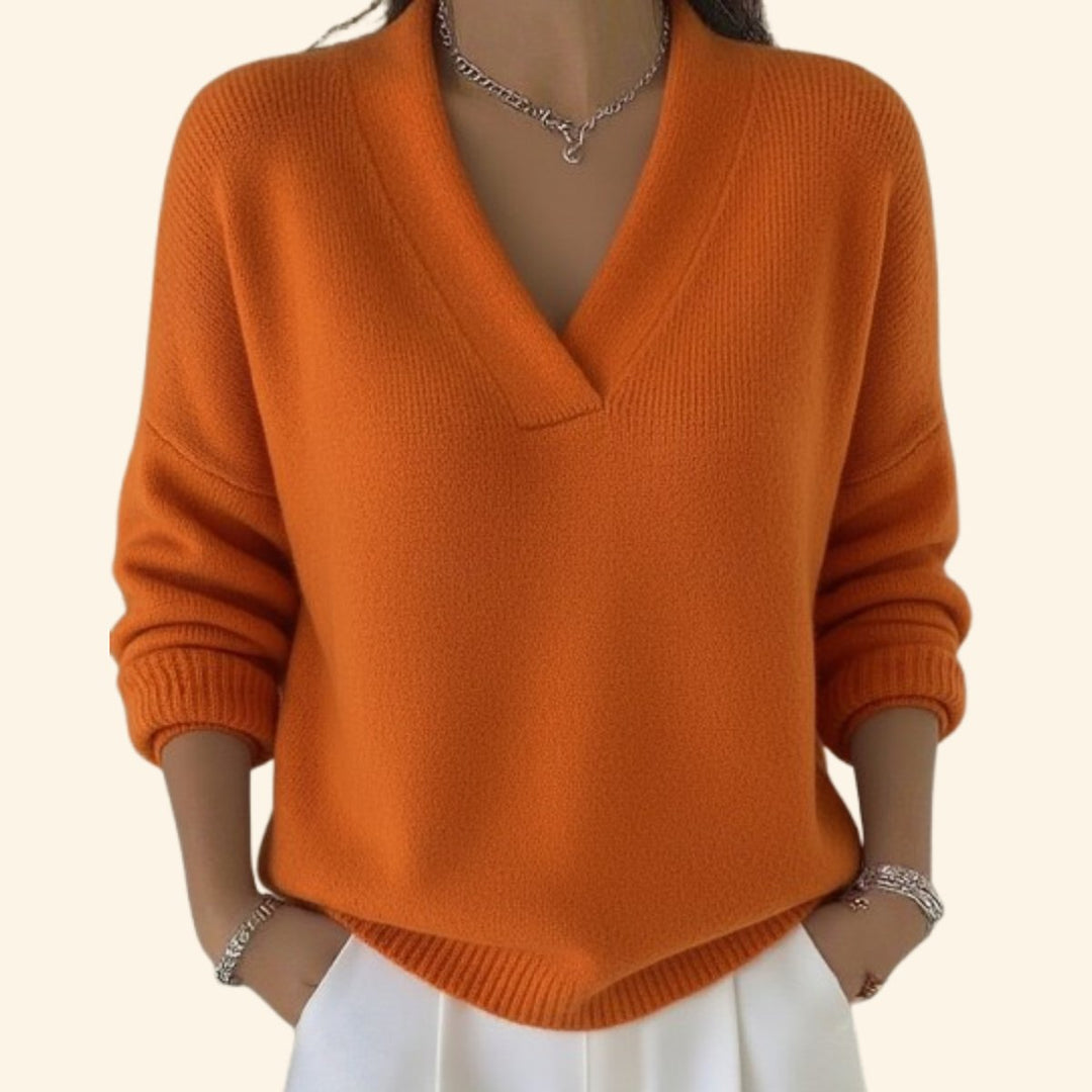 Gebreide Trui Dames V-Hals Losse Pasvorm Tijdloze Pullover - Oranje