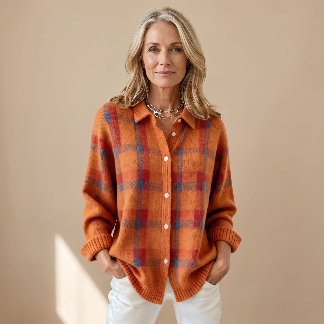 Geruite Blouse Dames Oversized Gebreide Cardigan met Knopen - Oranje