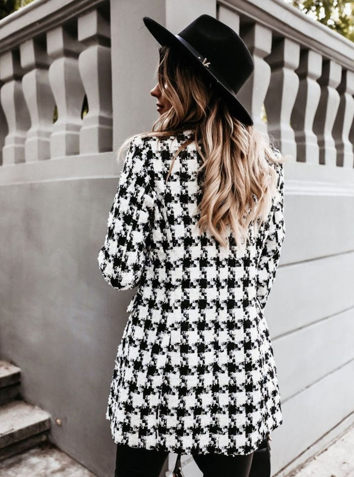 Geruite Tweed Trenchcoat Dames Getailleerde Winterjas Knopen