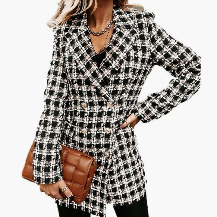Geruite Tweed Trenchcoat Dames Getailleerde Winterjas Knopen
