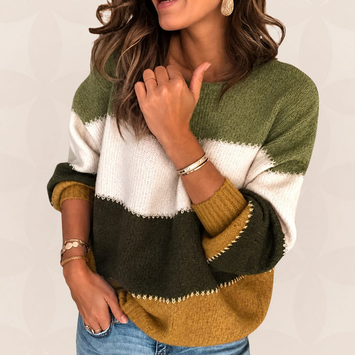 Gestreepte Trui Dames Colorblock Gebreide Ronde Hals Sweater - Groen