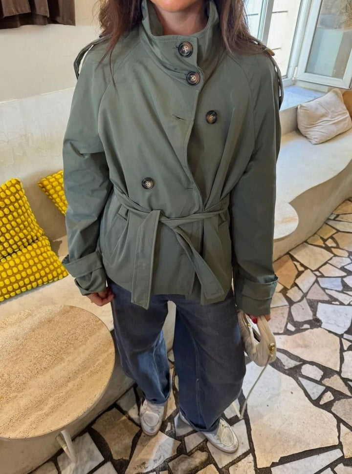 Getailleerde Korte Trenchcoat Winterjas Dames Waterafstotend - Donkergroen