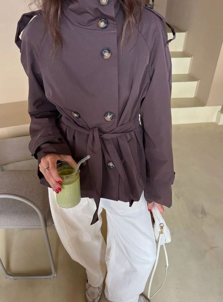 Getailleerde Korte Trenchcoat Winterjas Dames Waterafstotend - Bruin