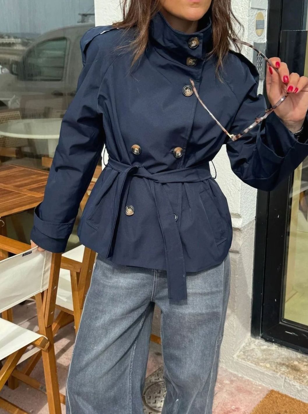Getailleerde Korte Trenchcoat Winterjas Dames Waterafstotend - Donkerblauw