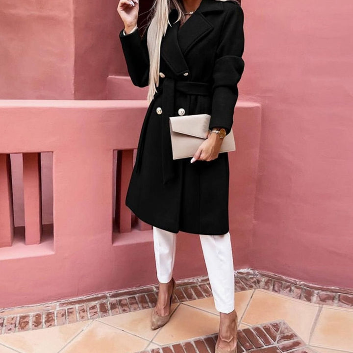 Getailleerde Lange Winterjas Trenchcoat Dames Reverskraag Tailleband - Zwart