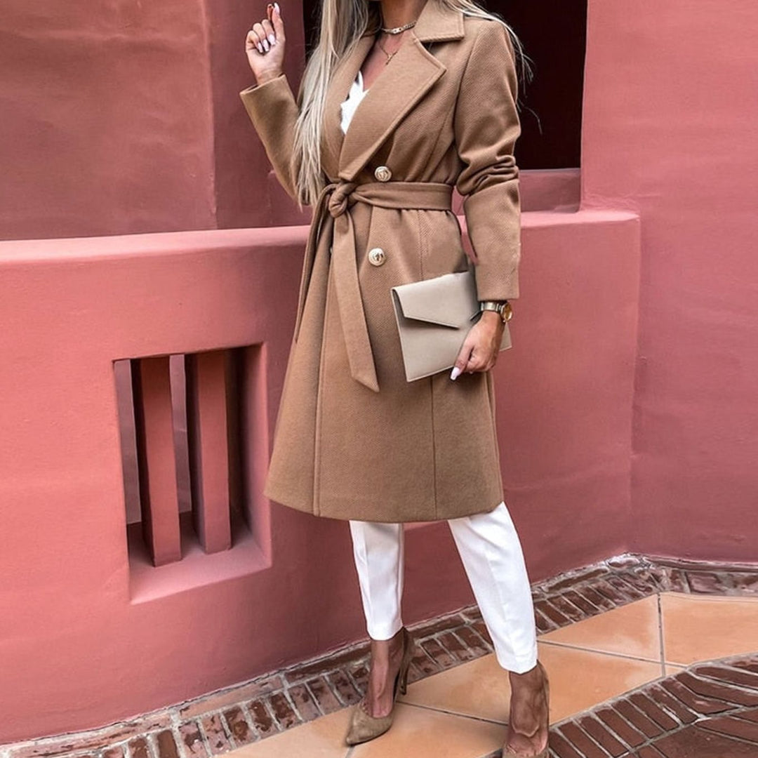 Getailleerde Lange Winterjas Trenchcoat Dames Reverskraag Tailleband - Donker kaki
