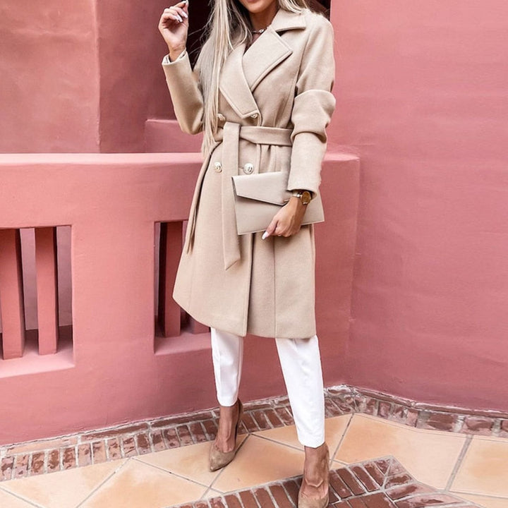 Getailleerde Lange Winterjas Trenchcoat Dames Reverskraag Tailleband - Kaki