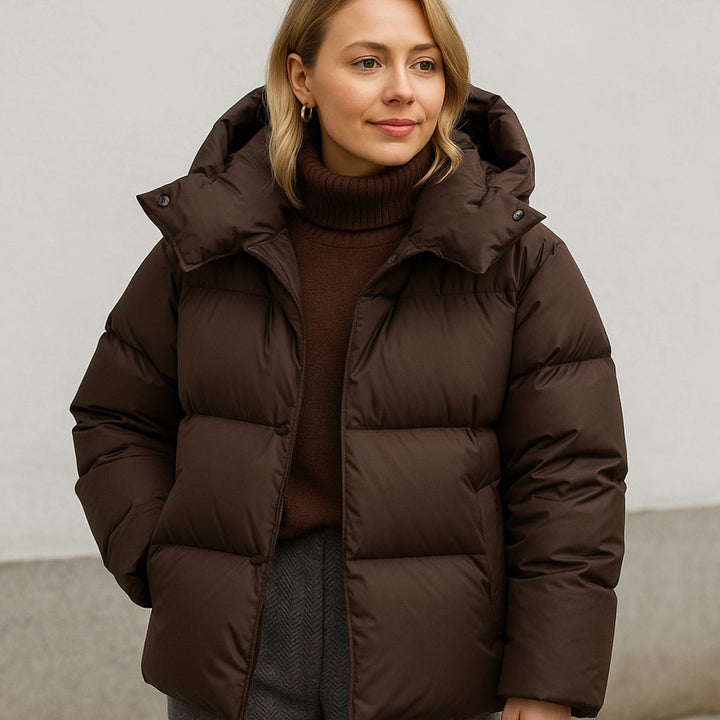 Gewatteerde Boxy Puffer Jas Dames Winterjas met Capuchon - Bruin