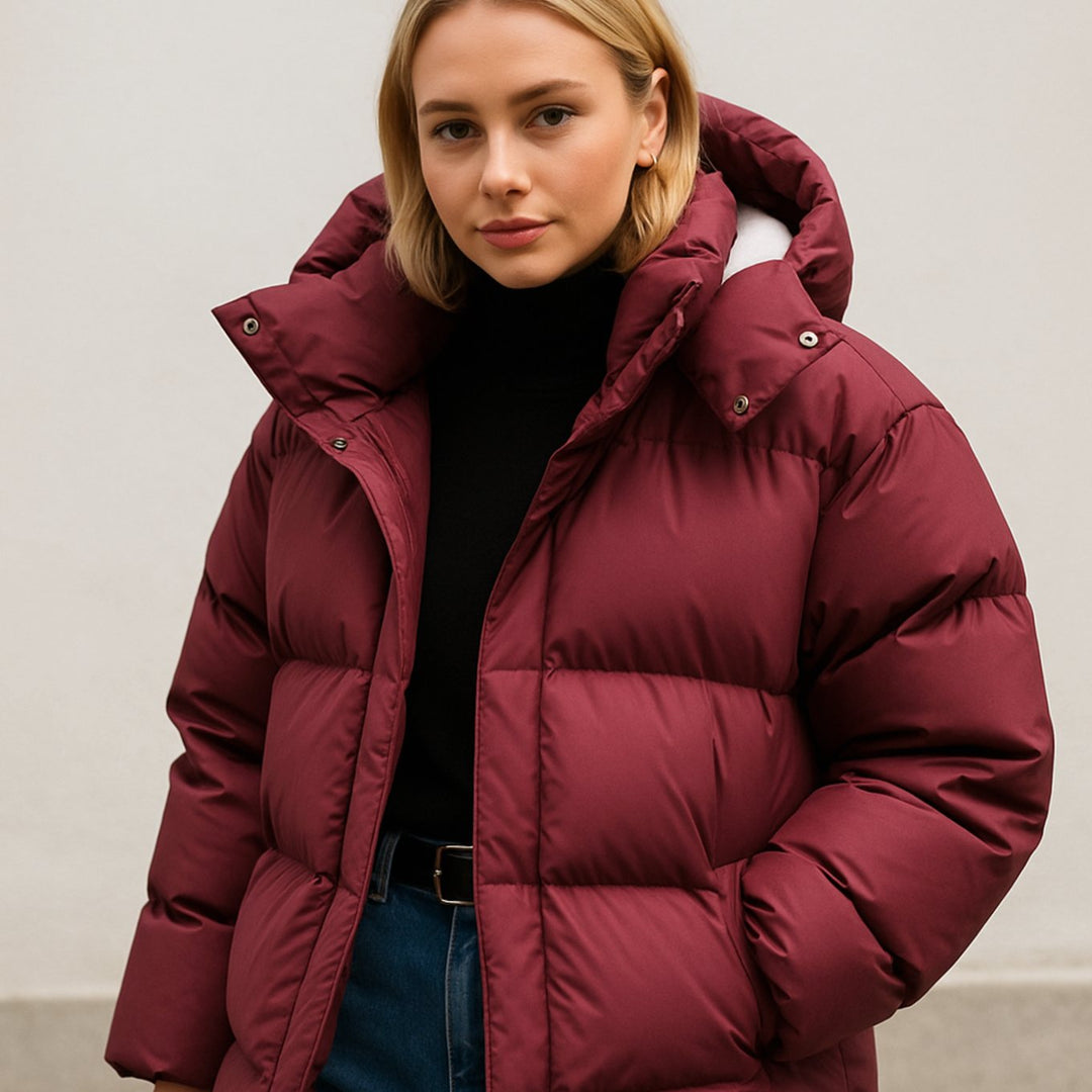 Gewatteerde Boxy Puffer Jas Dames Winterjas met Capuchon - Wijnrood
