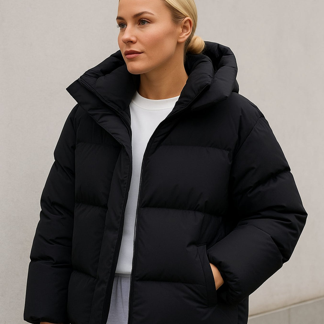 Gewatteerde Boxy Puffer Jas Dames Winterjas met Capuchon - Zwart