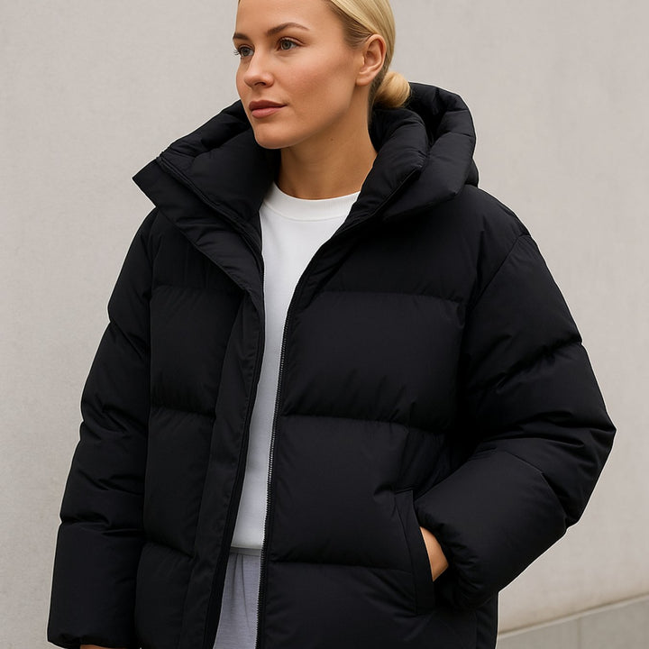 Gewatteerde Boxy Puffer Jas Dames Winterjas met Capuchon - Zwart