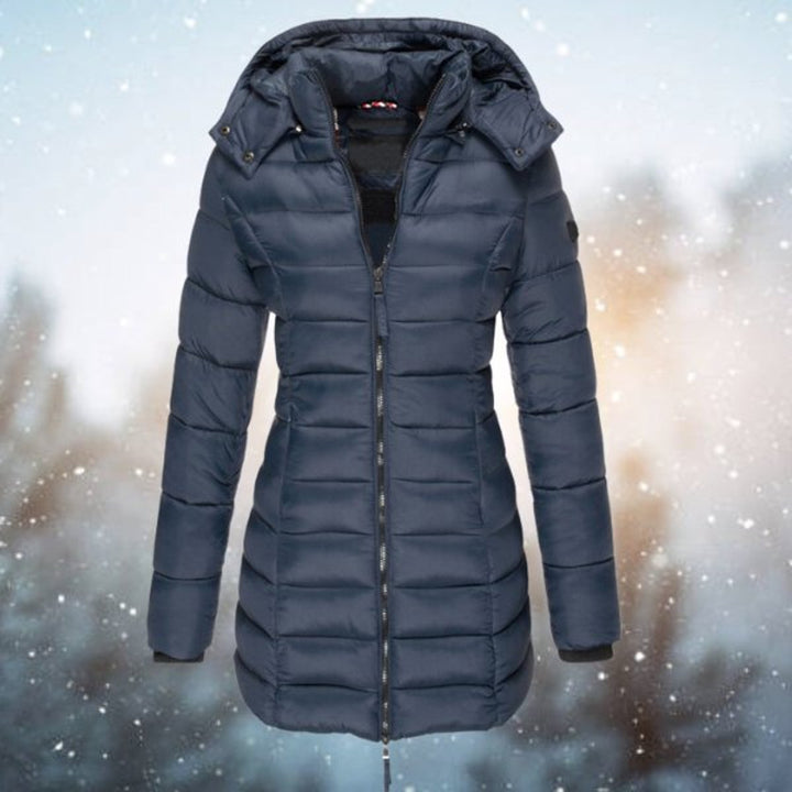 Gewatteerde jas dames lange winterjas met afneembare capuchon - Marineblauw