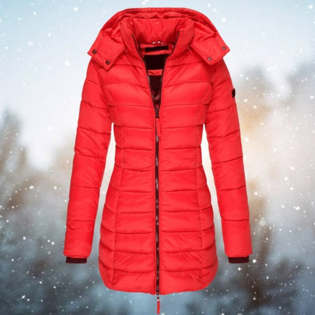 Gewatteerde jas dames lange winterjas met afneembare capuchon - Rood