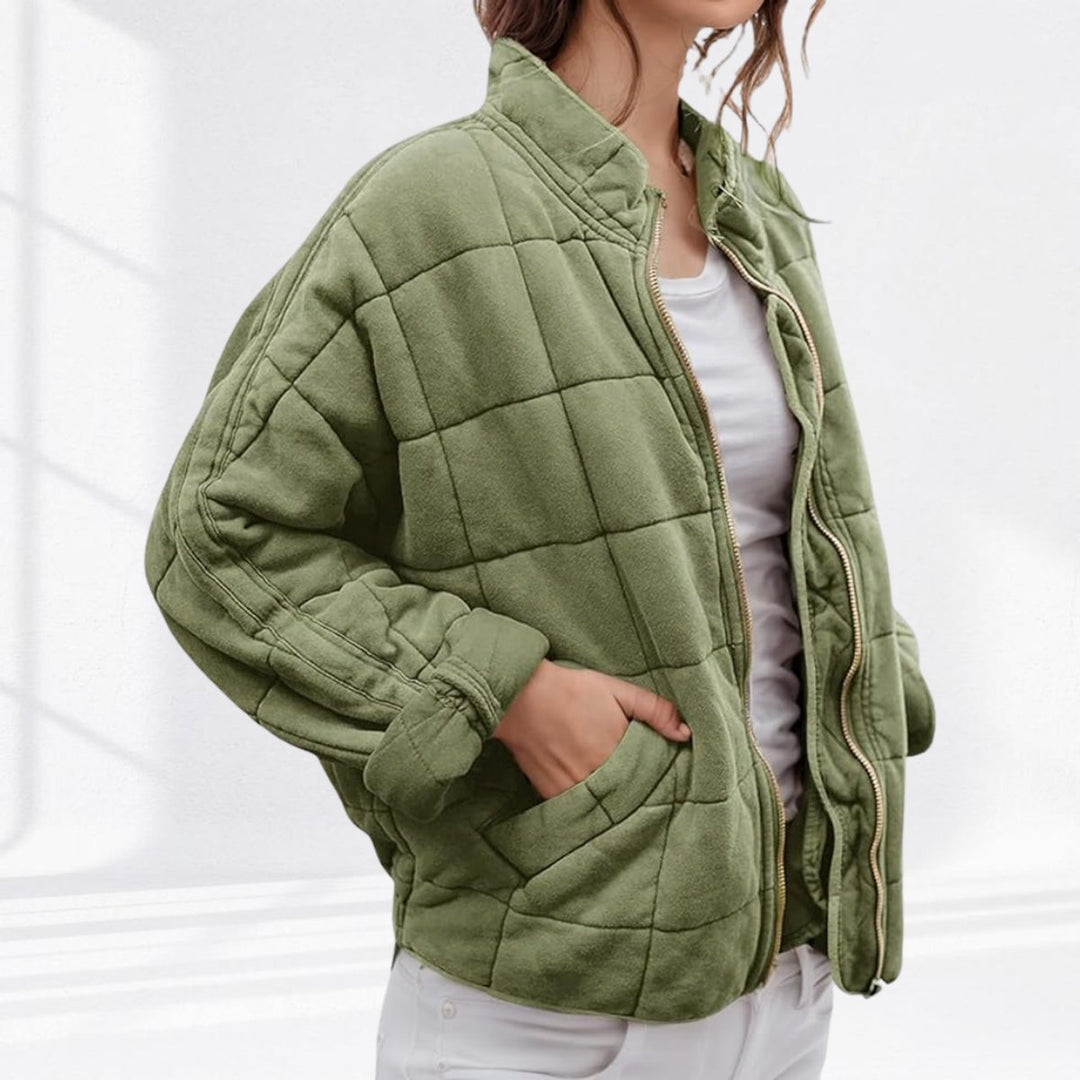 Gewatteerde jas dames ritssluiting staande kraag casual winterjas - Saliegroen