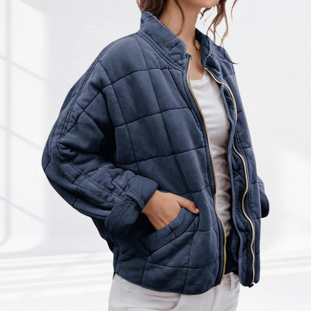 Gewatteerde jas dames ritssluiting staande kraag casual winterjas - Marineblauw
