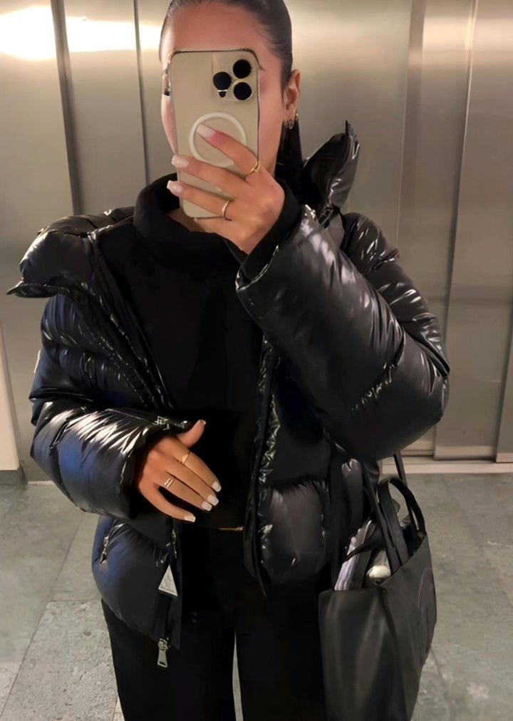 Glanzende Gewatteerde Winterjas Dames met Capuchon Slim Fit