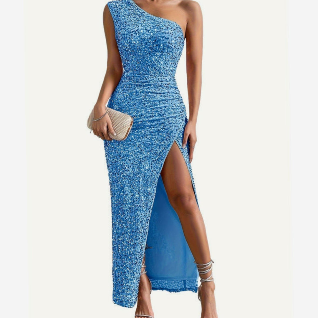 Glinsterende Pailletten Feestjurk Dames One-Shoulder Maxi Split - Lichtblauw