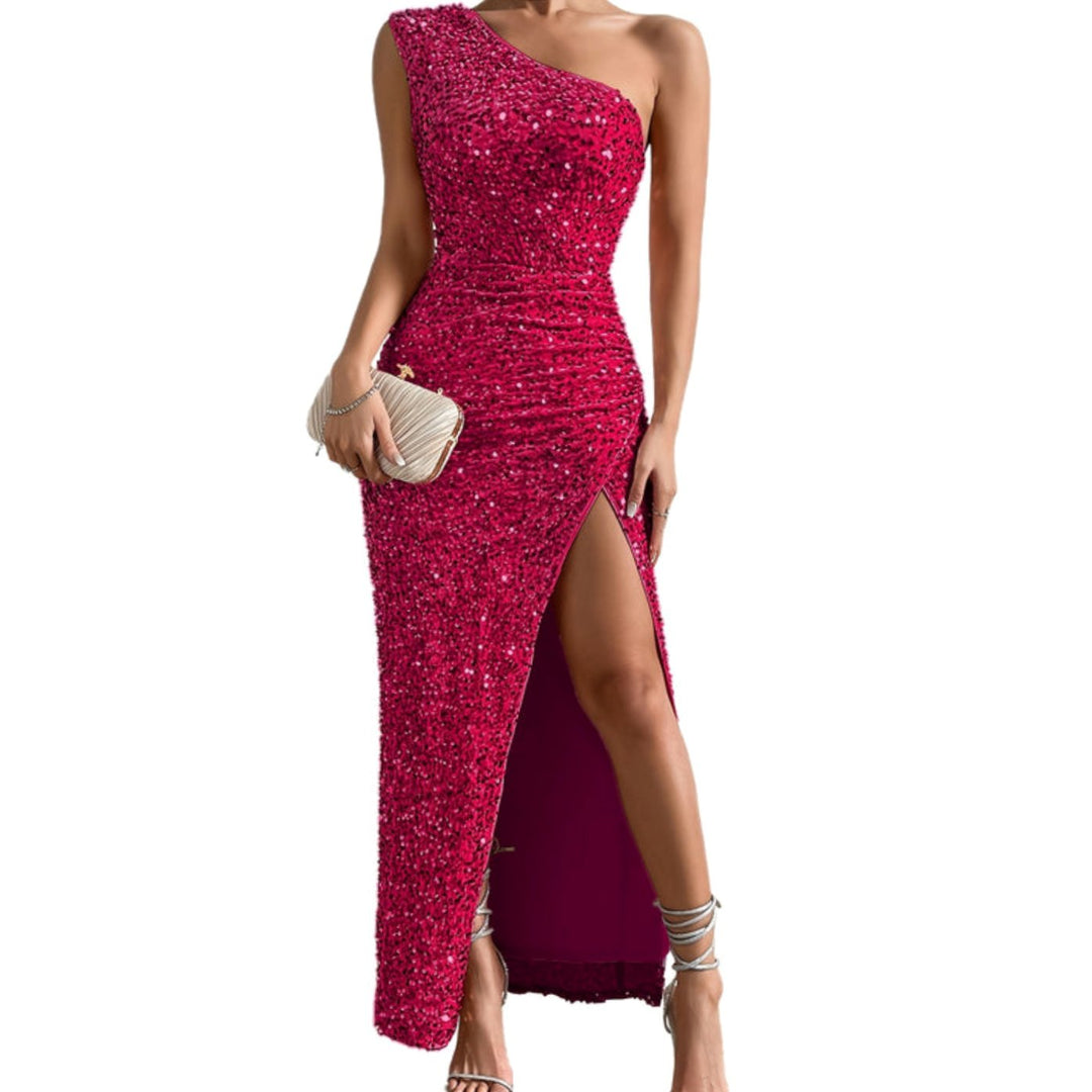 Glinsterende Pailletten Feestjurk Dames One-Shoulder Maxi Split - Rood